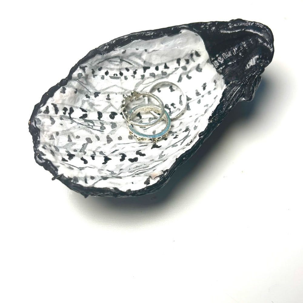 Handmade oyster shell ring dish with snowey berch tree decoupage design